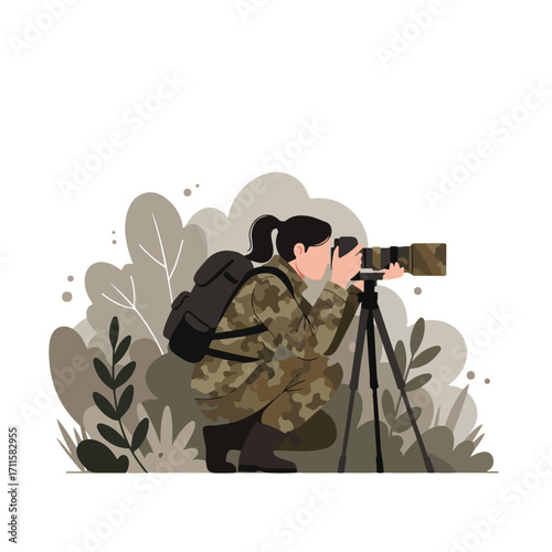 Woman with camera on a tripod, wearing a camouflage outfit, positioned within nature scenery