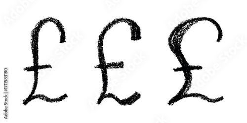 Set of hand drawn british pound currency symbol. Brush stroke doodle. Single element for design
