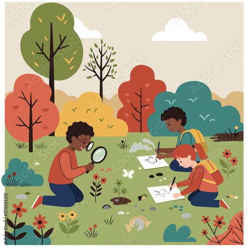 Children exploring nature, one using magnifying glass, two drawing on papers in a field