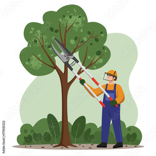 A worker trimming a tree with long handled pruning shears