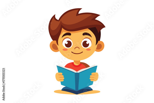 Young boy happily reading a book while sitting on the floor in a bright and cheerful setting