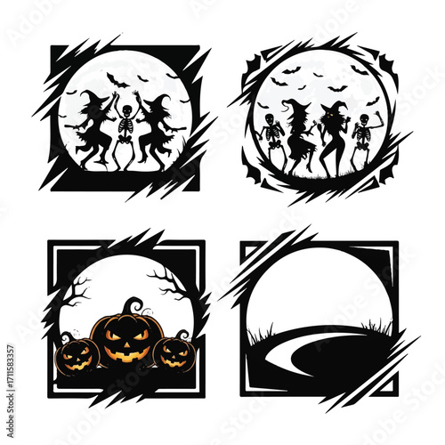 A collection of four square Halloween-themed silhouette designs featuring dancing witches, skeletons, and jack-o'-lanterns.