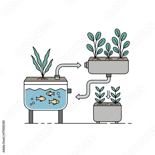 Simple diagram of an aquaponics system using a fish tank and multiple plant beds