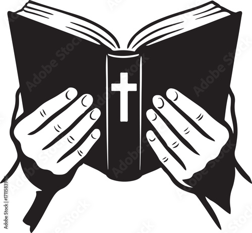 Hands Holding Holy Bible with Cross Symbol Christian Faith Prayer Worship Spirituality Religion Scripture Study Gospel and Devotion Illustration