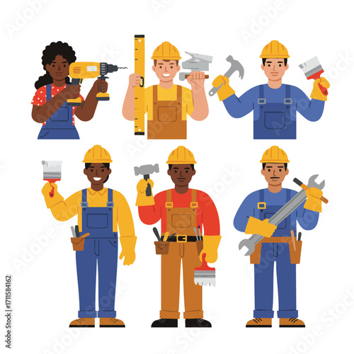 A vibrant illustration presents a diverse group of professional construction workers and handymen, each showcasing essential tools for various skilled trades.