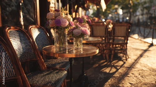 Outdoor Cafe Terrace with Floral Arrangements and Woven Chairs in Warm Sunset Light