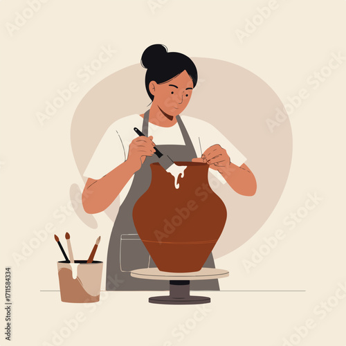 Person glazing a brown clay vase on a pottery wheel with beige color palette background