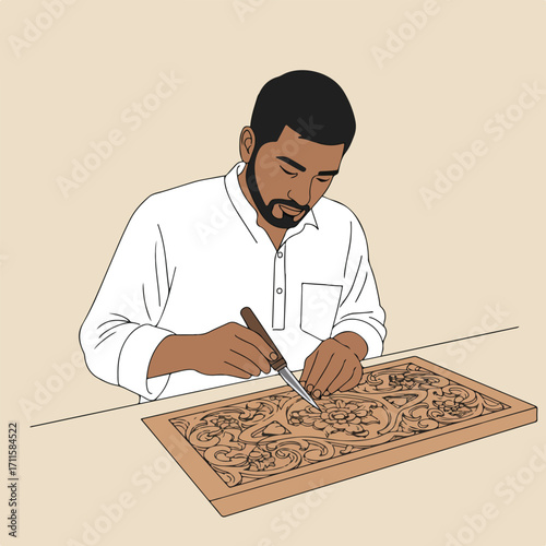 Focused artisan crafting intricate floral patterns onto a wooden panel with hand tools