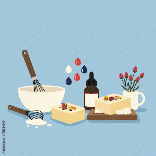 A flat illustration depicts the process of handmade soap creation set against a pale blue backdrop
