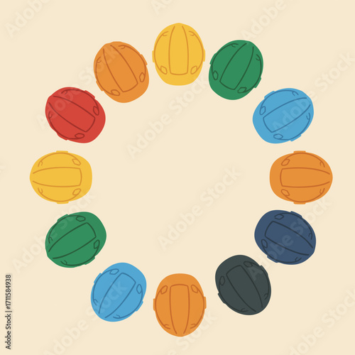 Twelve distinctively colored climbing helmets are meticulously arranged in a perfect circle, representing safety, adventure, and outdoor recreation.