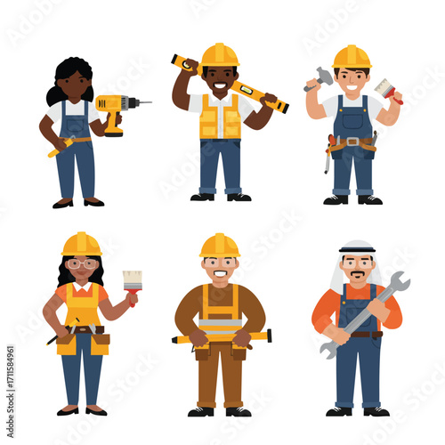 A vibrant illustration of diverse construction and trade workers, including men and women, proudly displaying essential tools for building and repair tasks.