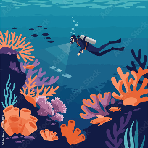 Underwater scene featuring a scuba diver, coral reefs, diverse aquatic plants, and fish