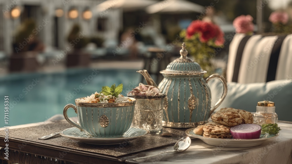 Naklejka premium Elegant tea service by pool