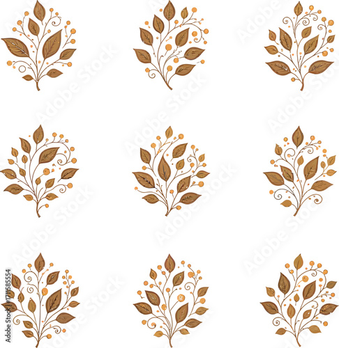 Collection of nine elegant floral botanical illustrations featuring autumn leaves and delicate branches on a white background