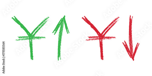Hand drawn chinese yuan currency symbol Growth and fall profit with arrow up and down Brush stroke doodle Element for design