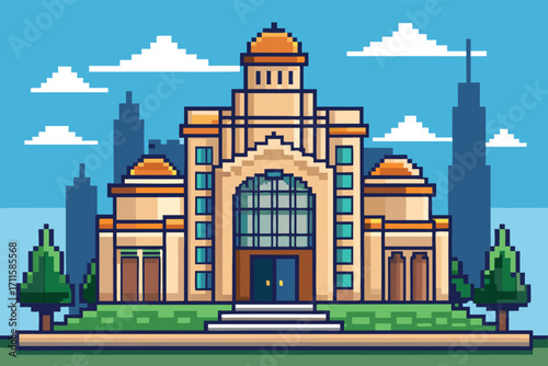Pixel art of a grand building with domes and urban skyline in the background at a bright sunny day