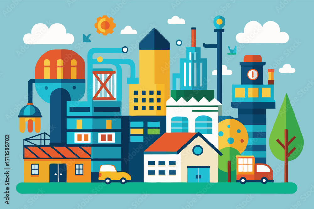 Fototapeta premium Colorful city illustration showcasing various industrial buildings and trees