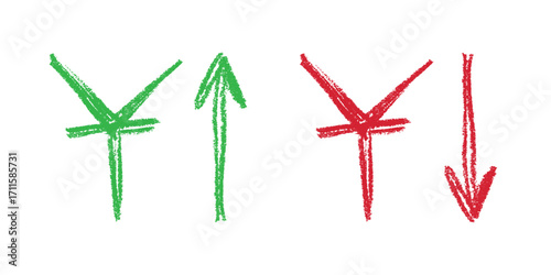 Hand drawn chinese yuan currency symbol Growth and fall profit with arrow up and down Brush stroke doodle Element for design