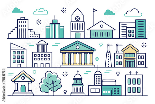 City skyline illustration featuring various buildings and architectural styles in a vibrant design