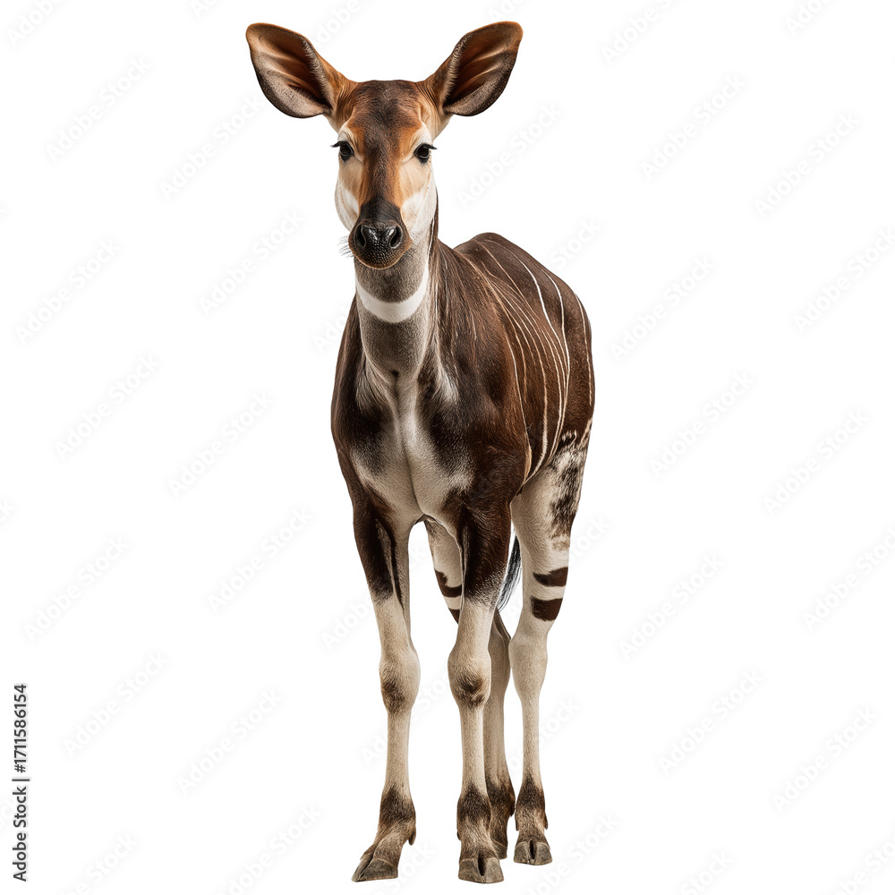 Fototapeta premium Okapi standing calmly in studio isolated on transparency background, soft natural lighting and detailed fur texture showing striped legs and white neck ring