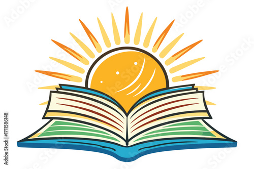 Bright sun rising over an open book, symbolizing knowledge and inspiration in a vibrant design