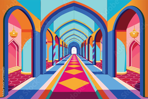 Vibrant hallway with colorful archways and intricate patterns in a modern design setting