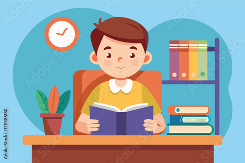 Boy reading a book at a desk in a colorful study room with a clock and shelves
