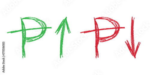 Hand drawn peseta currency symbol Growth and fall profit with arrow up and down Brush stroke doodle Element for design