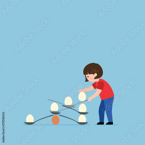 Cartoon woman stacking eggs on spoons in a tower on light blue background in flat style