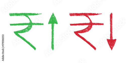 Hand drawn rupee currency symbol Growth and fall profit with arrow up and down Brush stroke doodle Element for design