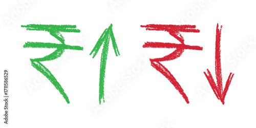 Hand drawn rupee currency symbol Growth and fall profit with arrow up and down Brush stroke doodle Element for design