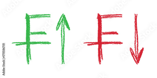 Hand drawn swiss franc currency symbol Growth and fall profit with arrow up and down Brush stroke doodle Element for design