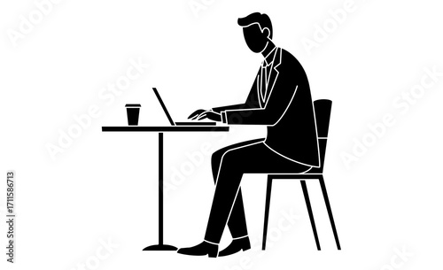 Wallpaper Mural カフェでパソコンを使いリモートワーク中の男性の線画アイコン Torontodigital.ca