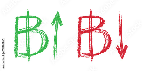 Hand drawn thai baht currency symbol Growth and fall profit with arrow up and down Brush stroke doodle Element for design