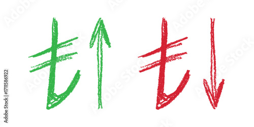 Hand drawn turkish lira currency symbol Growth and fall profit with arrow up and down Brush stroke doodle Element for design