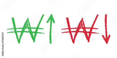 Hand drawn won currency symbol Growth and fall profit with arrow up and down Brush stroke doodle Element for design