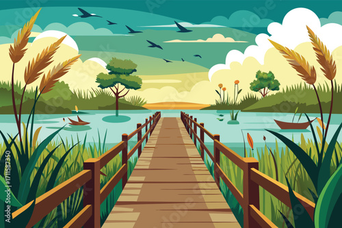 Scenic wooden pathway leading to a tranquil lake with boats and lush vegetation at sunset