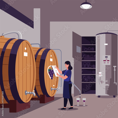 Woman in a winery checks grape harvest details next to wine barrels and wine rack indoors