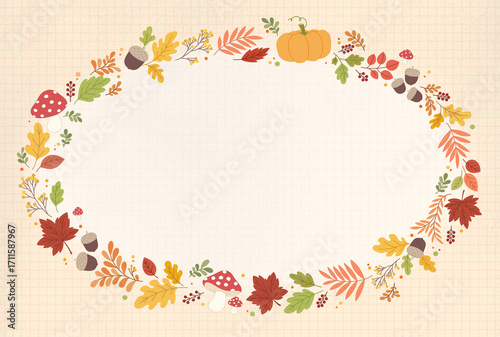 Autumnal Wreath with Pumpkin and Leaves