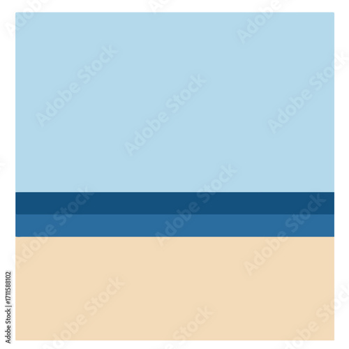 Minimalist beach scene with sky, three dark horizontal bands representing the sea and sand