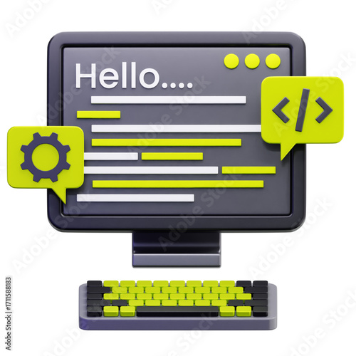 3D rendering of a computer screen showing 'Hello' text and speech bubbles with code symbols, representing programming, coding, and web development