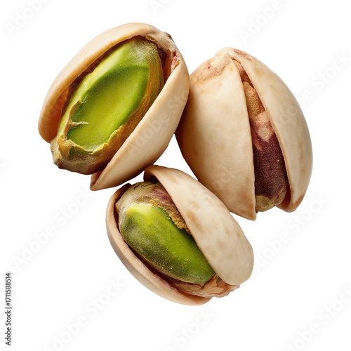 Green pistachio nut in open shell closeup, roasted snack with natural texture and vibrant color, healthy ingredient for cooking and baking