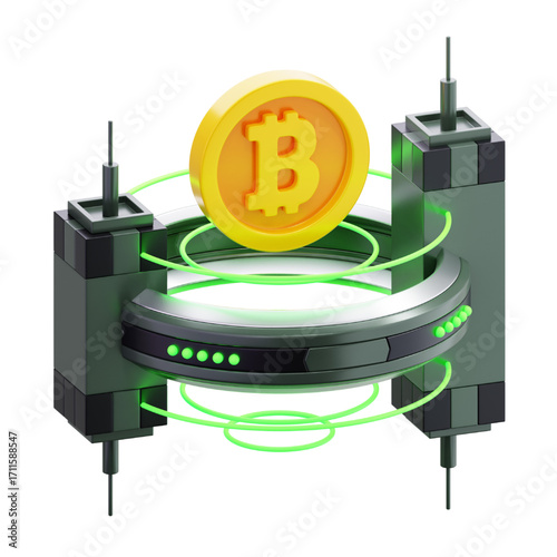Bitcoin Cryptocurrency Digital Gold 3D Render of a Glowing Bitcoin Coin Symbol Floating Above a Futuristic Technology Machine
