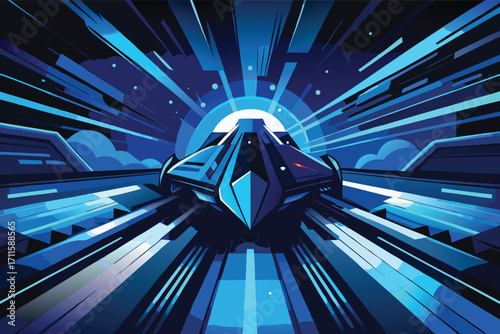 Futuristic spacecraft speeding through a vibrant cosmic landscape at night