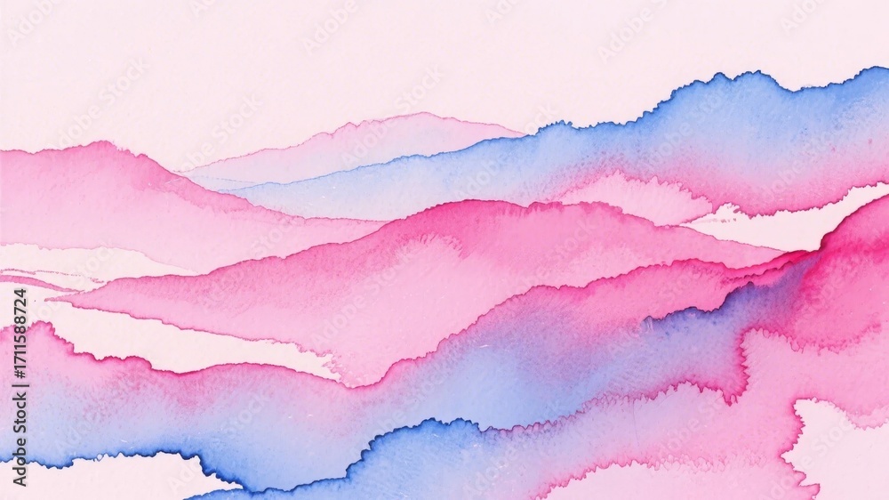 Obraz premium Abstract watercolor landscape with soft pink and blue hues blending into mountain-like forms