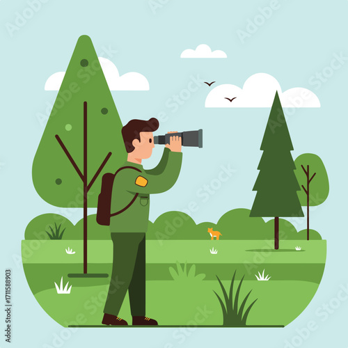 Flat vector illustration of a man using binoculars in a green, nature filled landscape