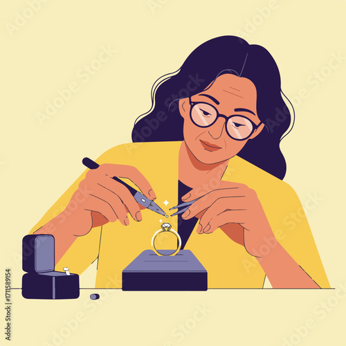 Jeweler sets a diamond on ring; wearing glasses and yellow jacket, focused, in vector style