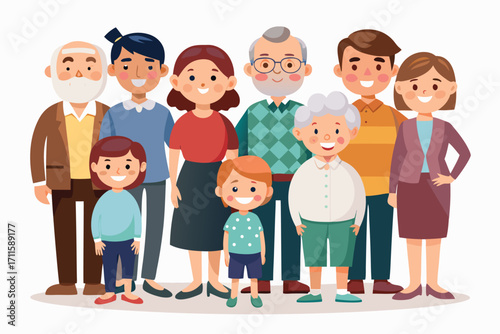 Family gathering with smiling members of different generations standing together