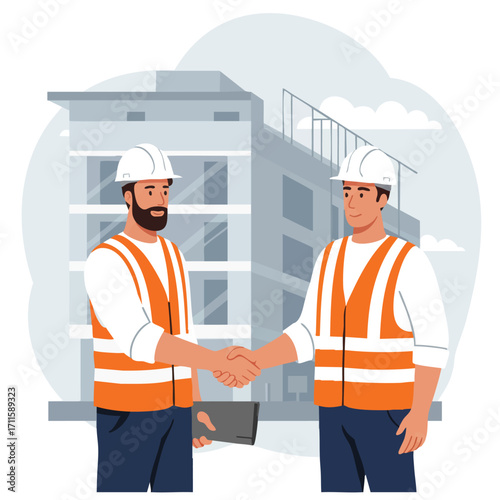 Two construction professionals in hard hats and vests shake hands, symbolizing a successful partnership and agreement on a building project.