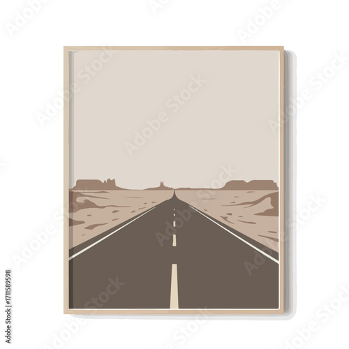 Framed desert landscape art featuring a long, straight road receding into the distant horizon